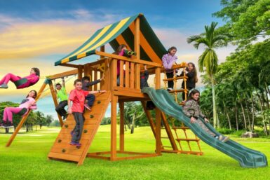 Residential playground, swing set, backyard fun