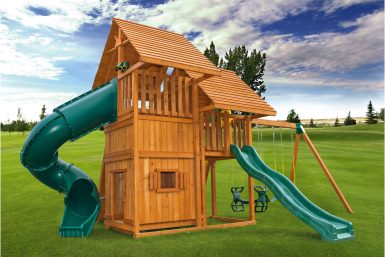 Sky 5+ swing set, 7 ft spiral slide, wave slide, bottom playhous